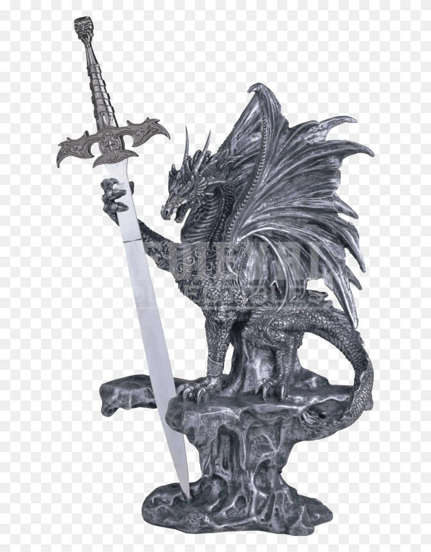 623x1015 Descargar Png Dragón Plateado En El Acantilado Con Espada Estatua Figurilla, Arma, Arma, Cruz Hd Png
