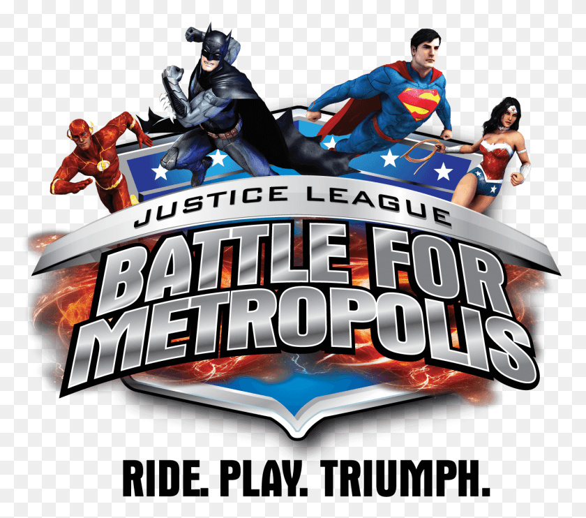 1358x1189 Six Flags Magic Mountain Announces Justice League Justice League Battle For Metropolis Logo, Advertisement, Poster, Person HD PNG Download