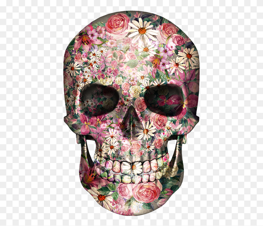 441x661 Skull Bones Valentines Biker Tattoo Floral Greeting Card, Clothing, Apparel, Mask HD PNG Download