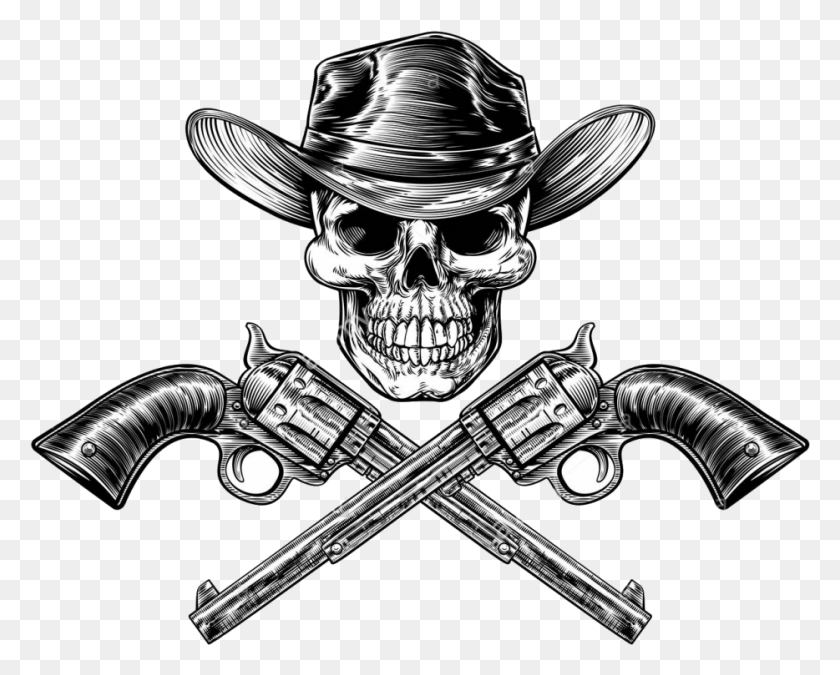 934x737 Skull Cowboy In Hat And A Pair Of Crossed Gun Revolver Crossed Pistols, Pirate, Weapon, Weaponry HD PNG Download