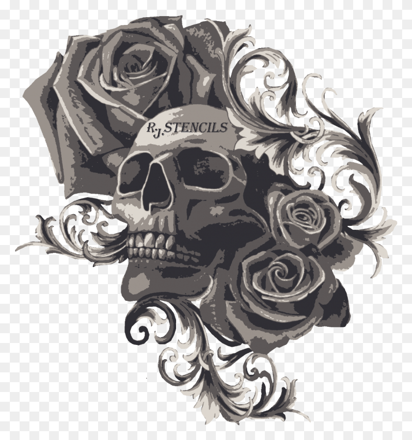 1074x1155 Skull Roses Fliligry Tattoo, Symbol, Statue, Sculpture HD PNG Download