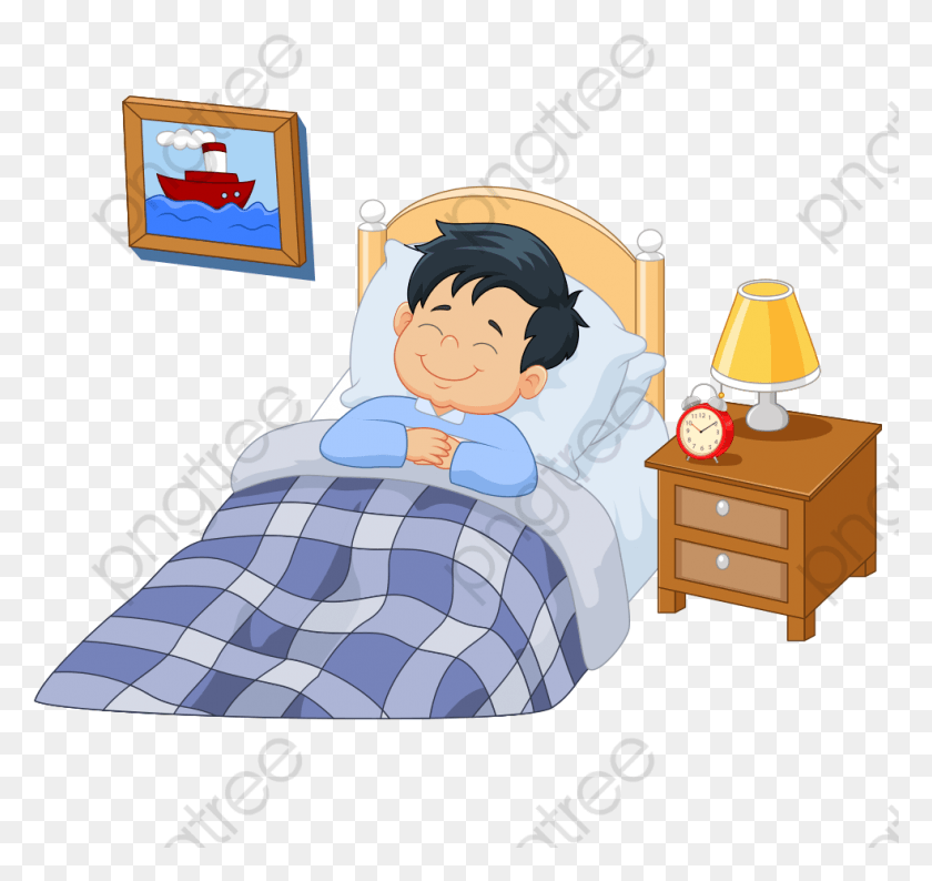 983x926 Sleeping Boy With A Smile Cartoon Boy Good Night, Furniture, Table Lamp, Lamp HD PNG Download