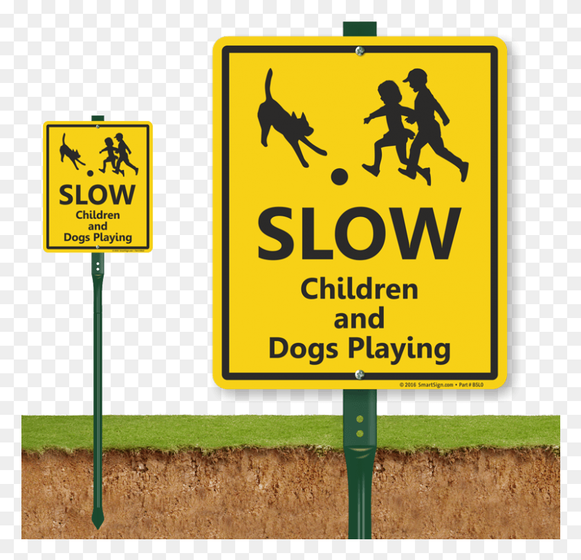 801x771 Slow Children And Dogs Playing Lawnboss Sign Warning German Shepherd Sign, Symbol, Road Sign, Person HD PNG Download