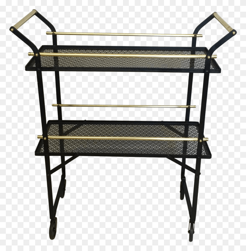 1087x1114 Smart French Black Metal And Brass Bar Cart On Chairish Bench, Shelf, Furniture, Piano HD PNG Download
