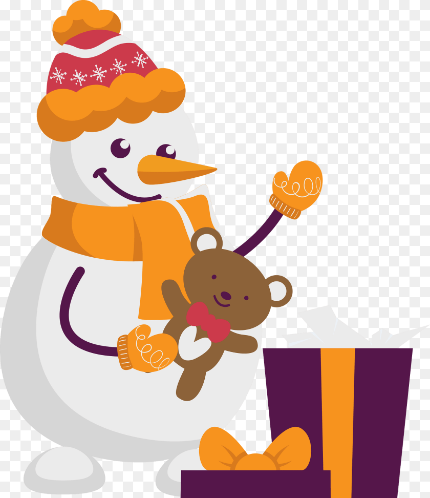 Snowman Unwrapping A Present Clipart, Nature, Outdoors, Winter, Snow Transparent PNG