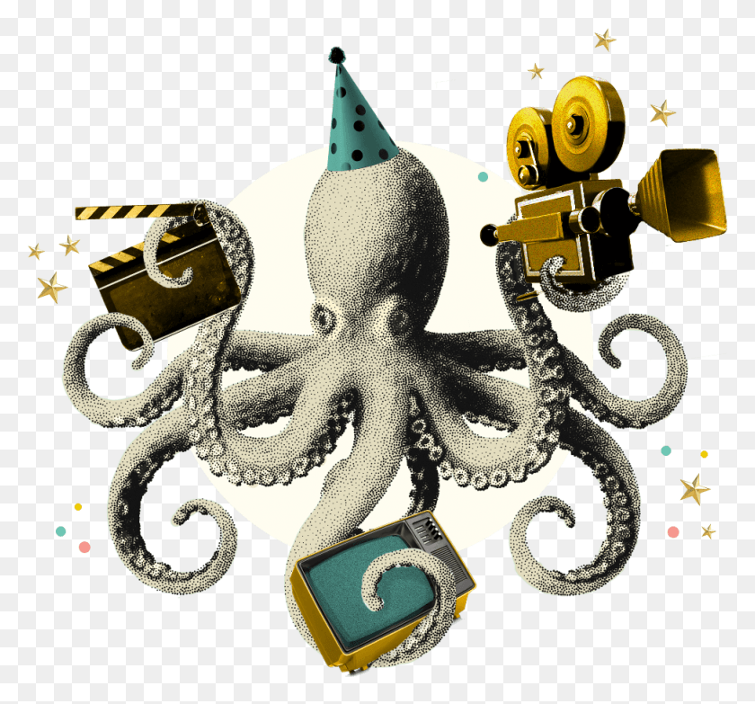 973x902 Descargar Png Comience Una Celebración De Video Única Para Historias Marinas Vintage De Pulpo Gratis, Robot, Joyería Hd Png