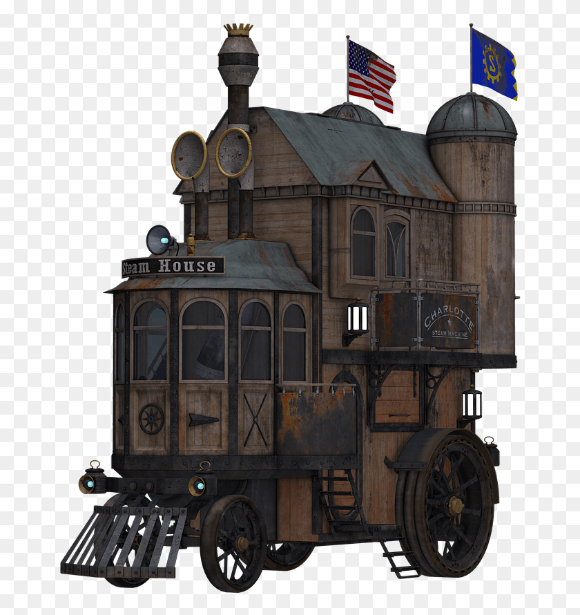 672x830 Steampunk Locomotive Side View Train, Flag, Symbol, Vehicle HD PNG Download