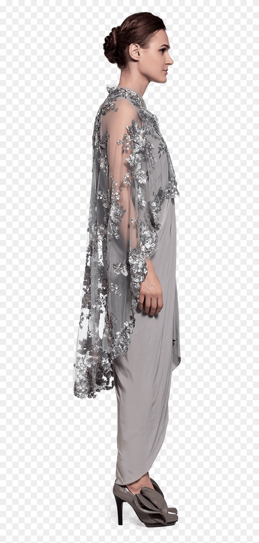 374x1704 Steel Grey Embroidered Kurta Set Gown, Clothing, Apparel, Person HD PNG Download
