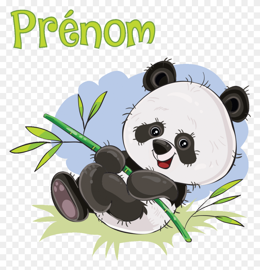 1130x1175 Sticker Prenom Personnalise Bebe Panda Et Son Bambou Cartoon Panda With Bamboo, Mammal, Animal, Wildlife HD PNG Download