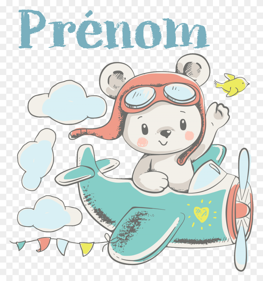 1092x1175 Sticker Prenom Personnalise Ours Voyage En Avion Ambiance Baby Flying Plane Cartoon, Mammal, Animal HD PNG Download