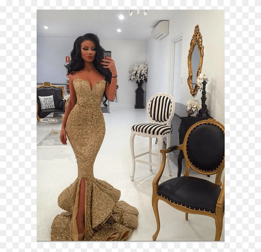 Straps Gold Sequins Mermaid Long Prom ...
