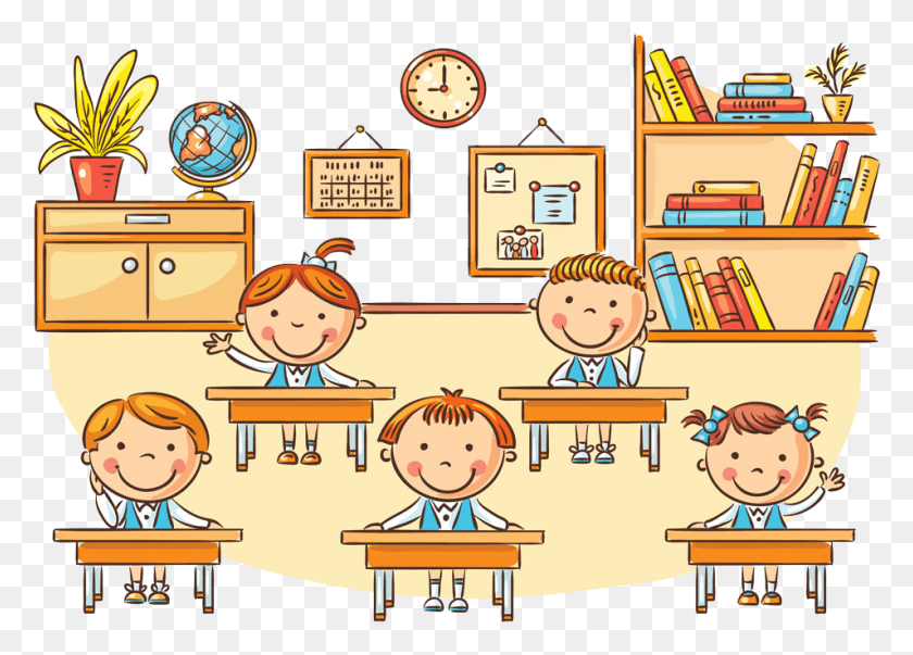 954x665 Student Classroom Cartoon Clip Art Student In Classroom Cartoon, Furniture, Clock Tower, Building HD PNG Download