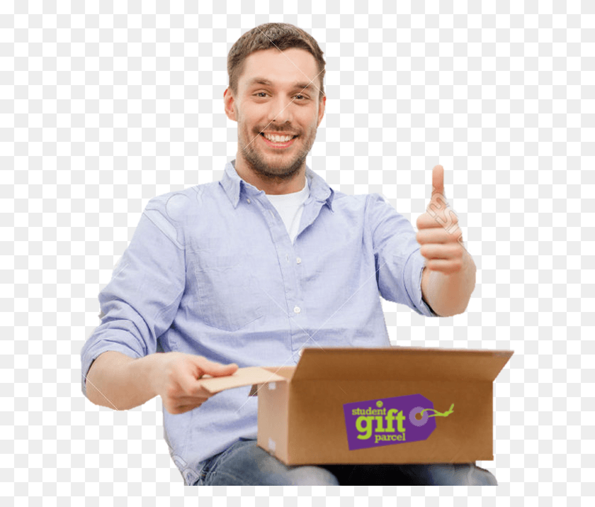 617x655 Student Gift Parcel Fresher Parcels Free Delivery Sitting, Person, Human, Cardboard HD PNG Download