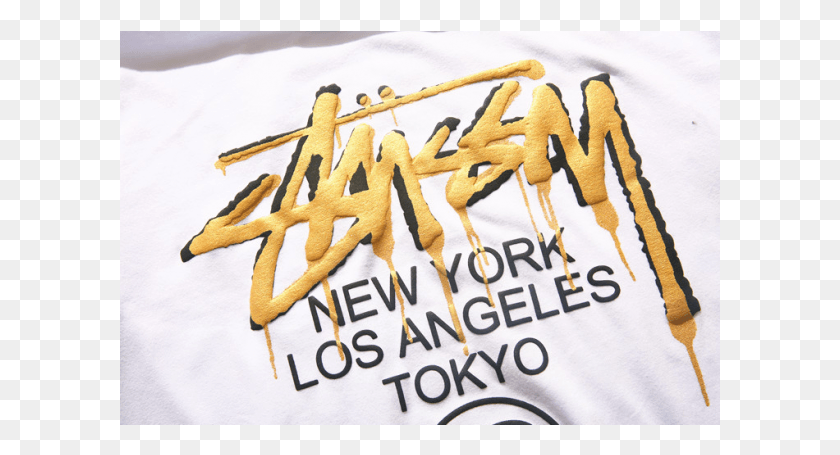 601x395 Stussy Gold Logo T Shirt Poster, Text, Fries, Food HD PNG Download