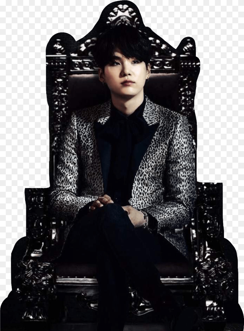 1024x1389 Suga Bts Dark Fancy Royalty Kpop Minyoongi Btssuga Yoongi With A Black Background, Furniture, Adult, Black Hair, Person Sticker PNG