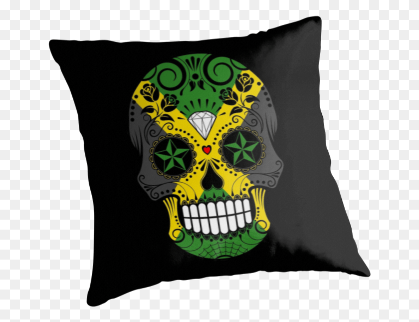 649x585 Sugar Skull With Roses And Flag Of Jamaica By Jeff Jamaica Tattoo, Cushion, Pillow, Symbol HD PNG Download