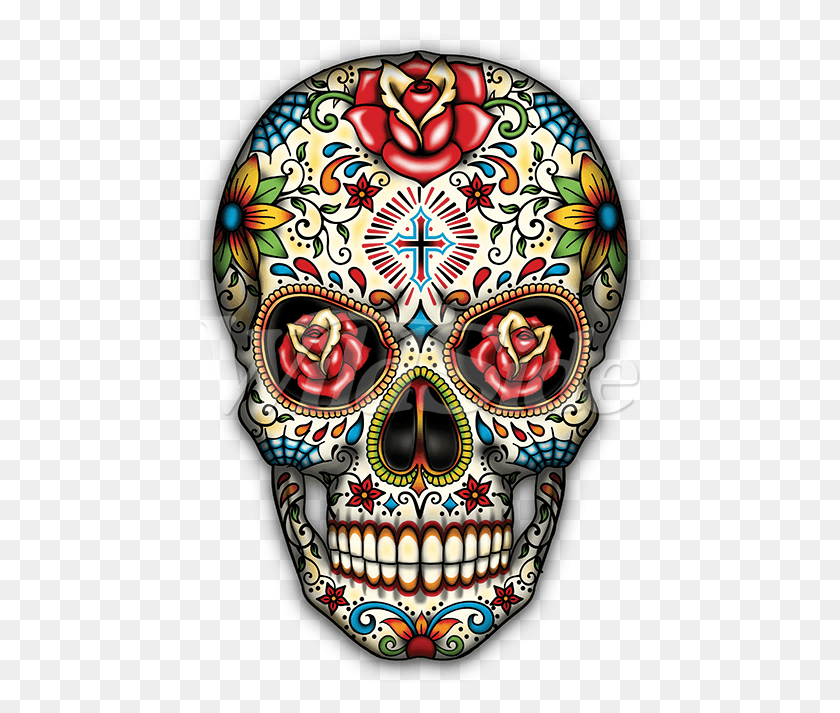 462x653 Sugar Skull With Roses Calavera Dia De Muertos Tattoo, Mask, Graphics Hd Png