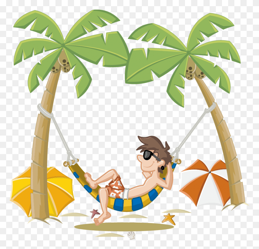 851x817 Summer Holiday Beach Cartoon Free Photo Clipart Hammock On Beach Clipart, Vegetation, Plant, Person HD PNG Download