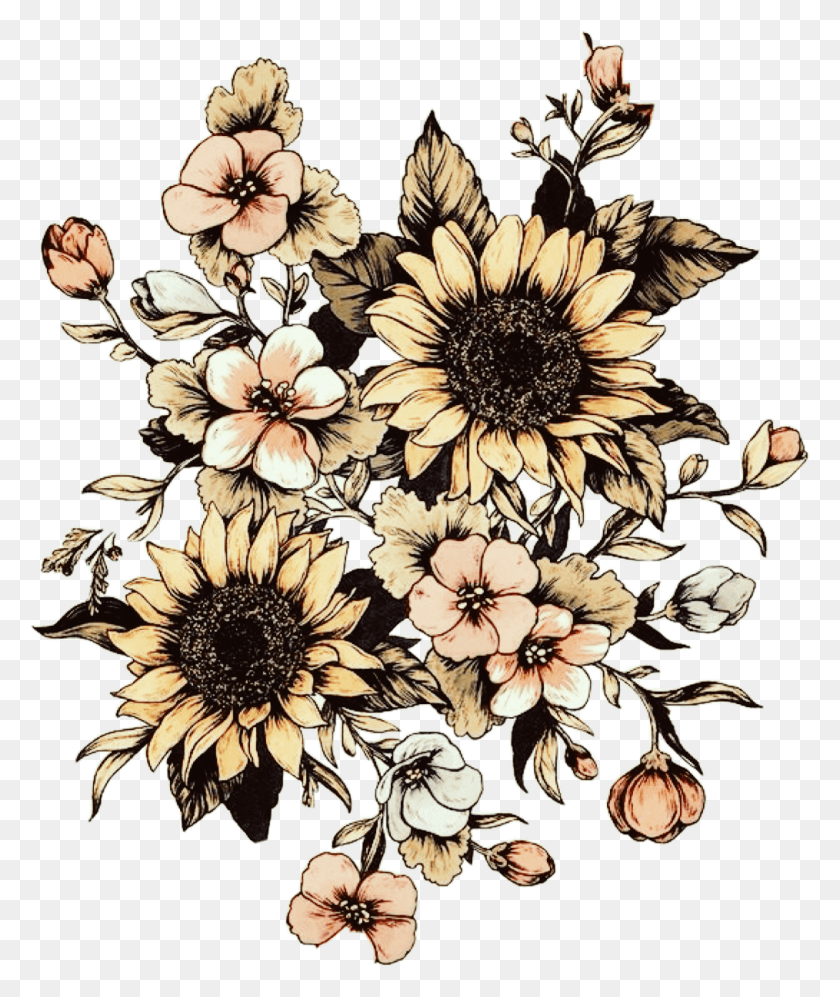 1014x1219 Sunflowers Roses Drawing Sketch Simple Vintage Sunflowers And Roses Drawing, Graphics, Floral Design HD PNG Download