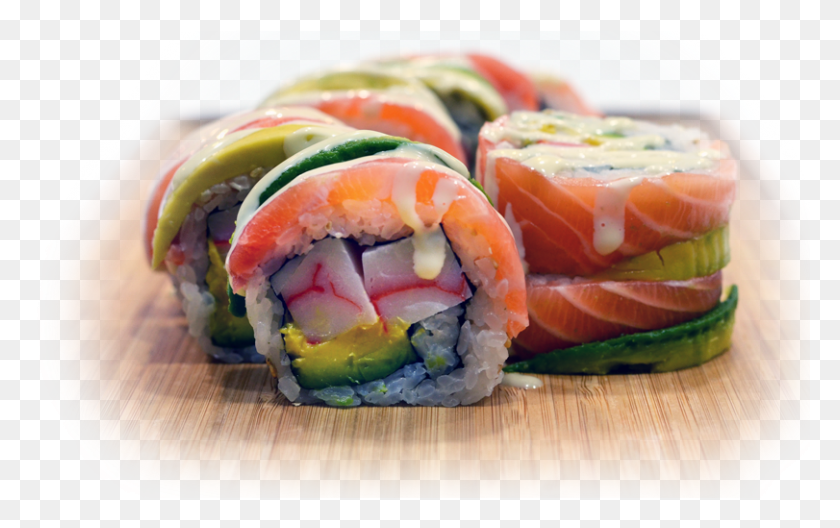 811x487 Surimi Avocado Salmon Teriyaki Sauce Creamy Wasabi California Roll, Burger, Food, Sushi HD PNG Download