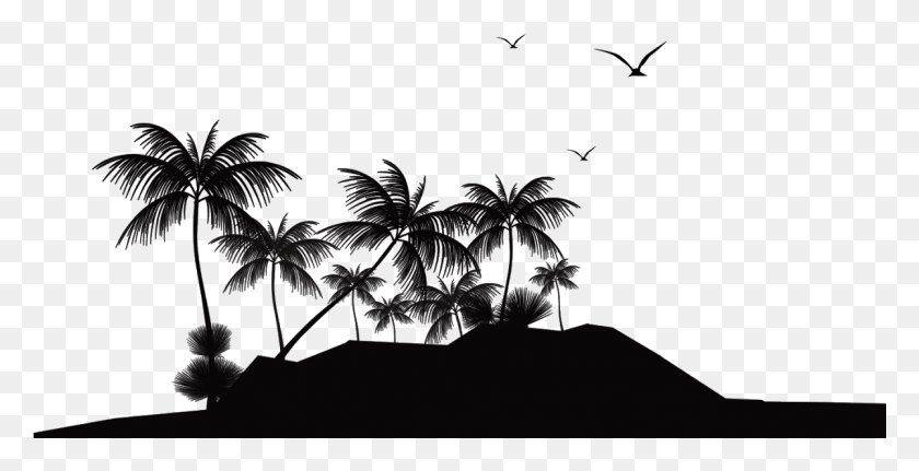 1201x572 Svg Freeuse Beach Transparent Tropical Tropical Island Clipart Black And White, Nature, Outdoors, Night HD PNG Download