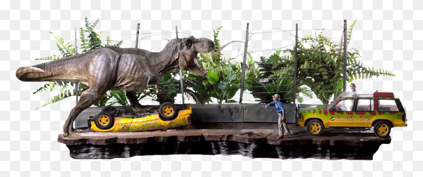 1389x520 Descargar Png T Rex Attack 110Th Scale Complete Diorama Statue Iron Studios T Rex, Dinosaurio, Reptil, Animal Hd Png