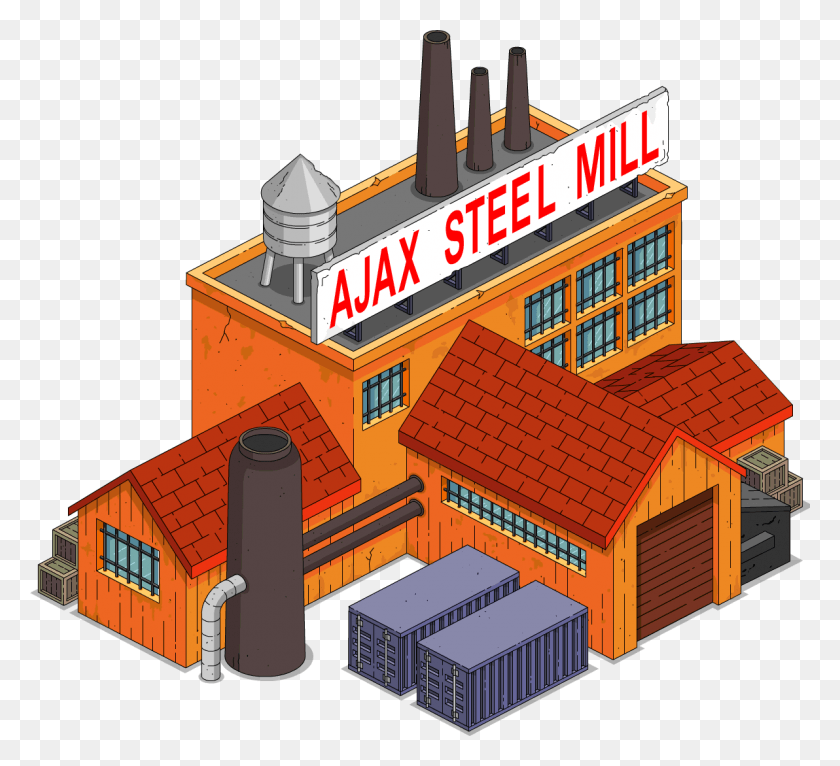 1192x1080 Tapped Out Ajax Steel Mill Simpsons Tapped Out Map All Buildings, Roof, Toy, Building HD PNG Download