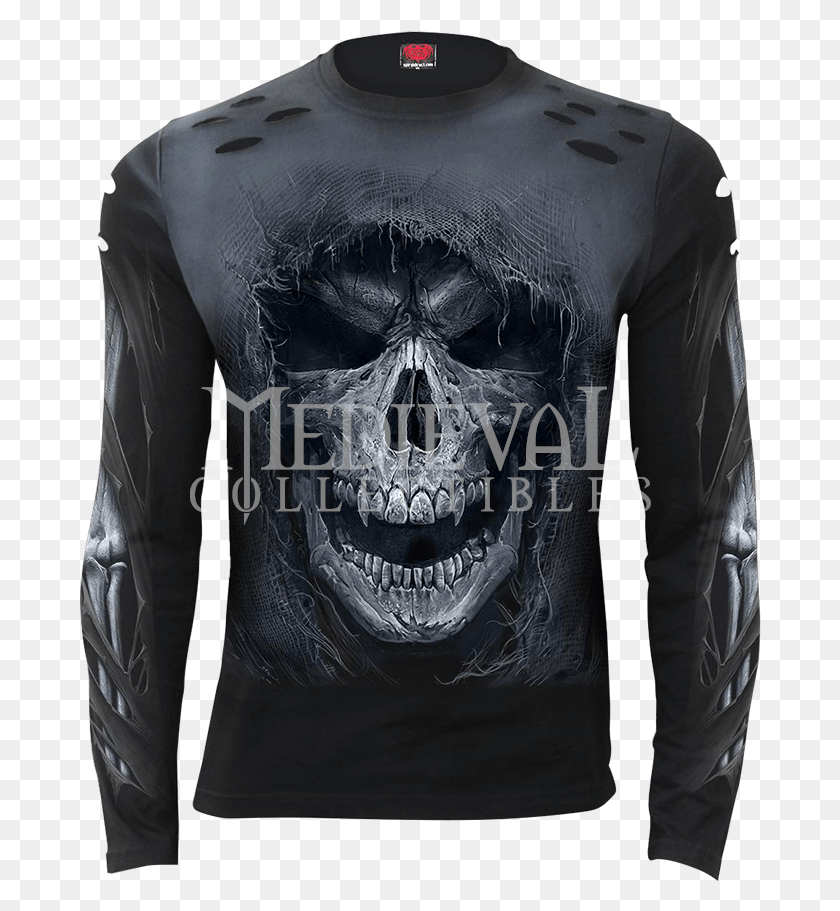 682x851 Tattered Skull Mens Distressed Long Sleeve T Shirt T Shirt, Clothing, Apparel, Long Sleeve HD PNG Download
