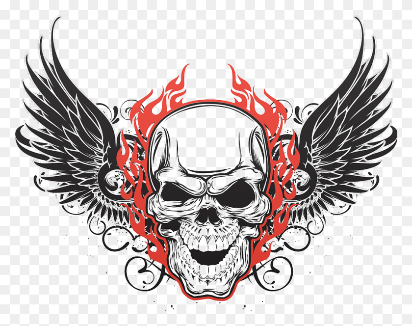 900x698 Tattoo Art Skull Flying Human Symbolism Skulls Clipart Skull And Wings Tattoo, Symbol, Emblem HD PNG Download