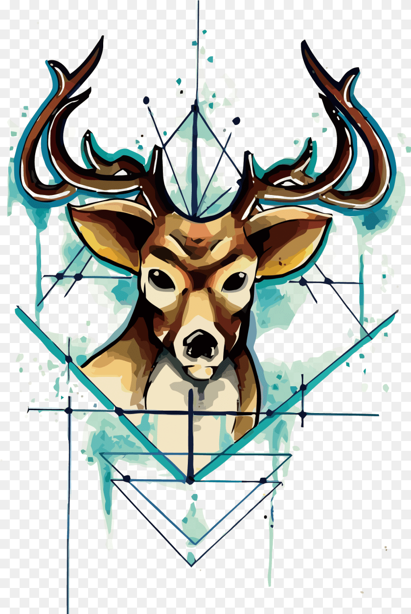 1481x2210 Tattoo Head Deer Watercolor Vector Kepala Rusa Vektor, Art, Collage, Person, Animal Sticker PNG