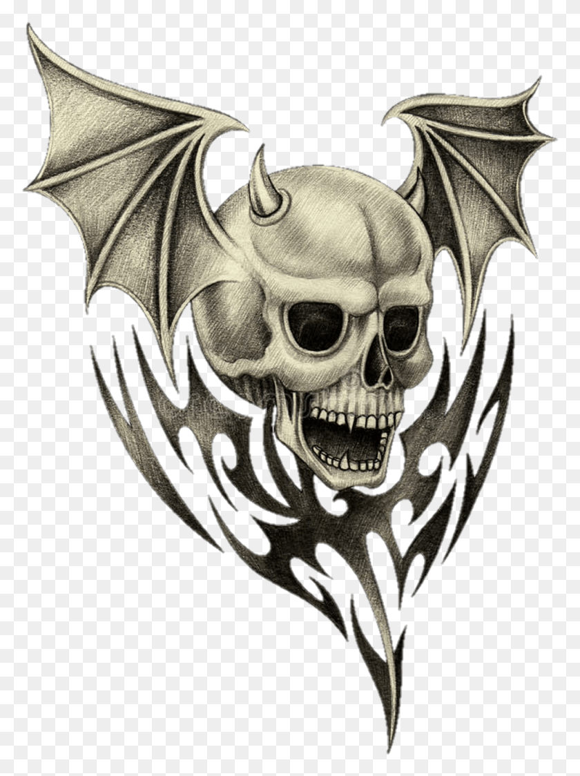 983x1342 Tattoo Skull Design Wings Evil Cool Idea Skulls With Wings Drawings, Person, Human, Skin HD PNG Download