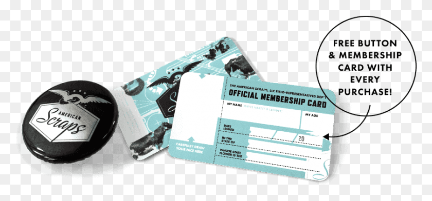 838x357 The American Scraps Button And Membership Card Cnet, Text, Paper, Wristwatch HD PNG Download