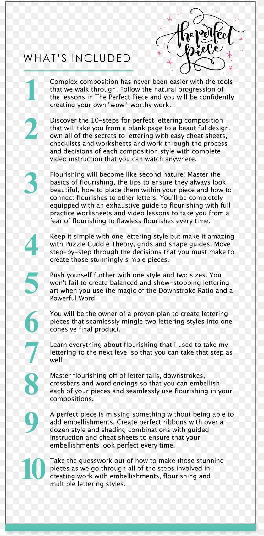 The Perfect Piece Course Benefits And Features Document, Text, Number, Symbol Clipart PNG