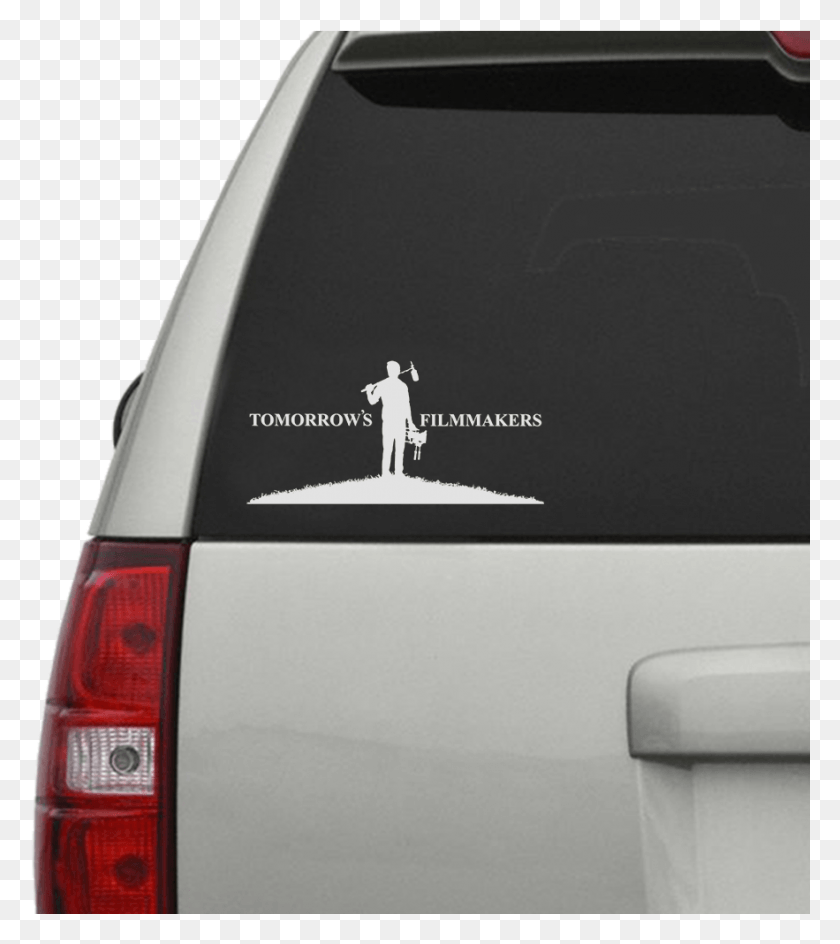 883x1001 Tomorrows Filmmakers Car Window Decal Car Sticker Mockup Free, Label, Text, Person HD PNG Download