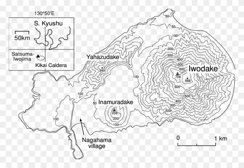 850x566 Descargar Png Mapa Topográfico De Satsuma Iwojima Con Recuadro Que Muestra El Mapa De Contorno De Iwo Jima, Texto, Parcela, Plano Hd Png