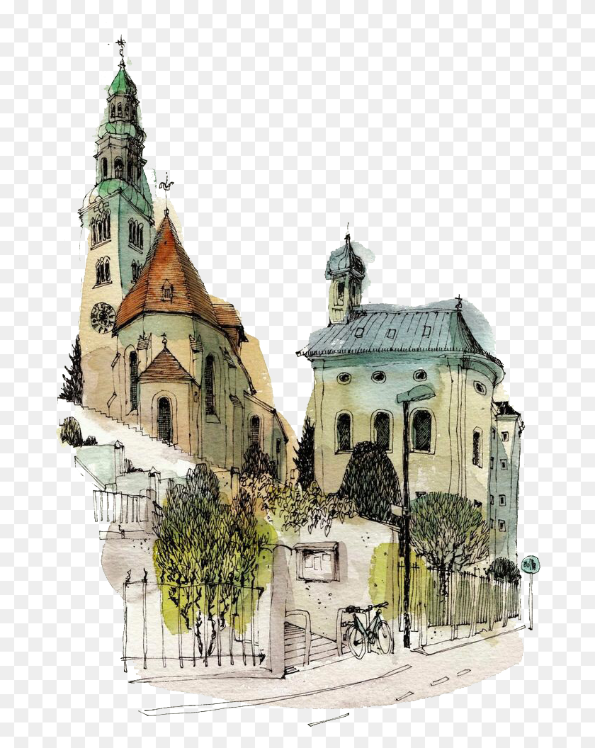 686x996 Town Urban Sketch And Sketchers Europe Watercolor Clipart Chris Lee Drawing, Spire, Tower, Architecture HD PNG Download