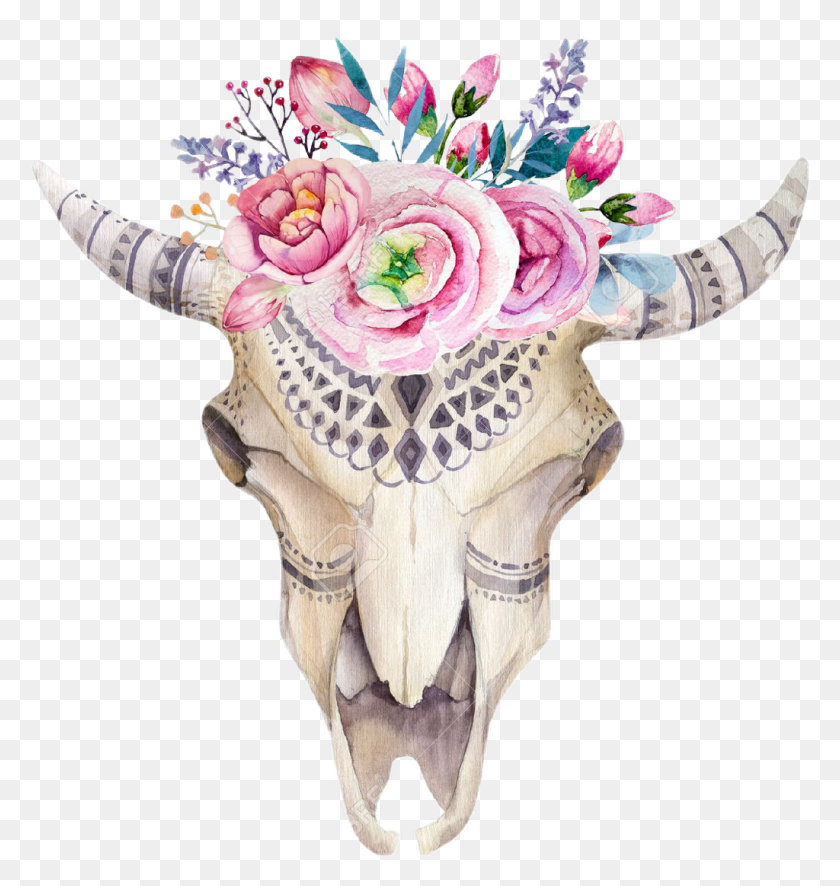 1024x1085 Cráneo De Vaca Y Flores Png / Cabeza De Toro Hd Png