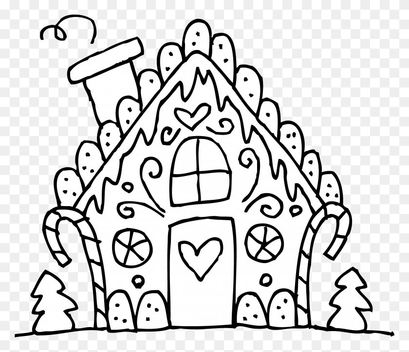 5208x4440 Transparent Library Gingerbread House Clipart Black Christmas Coloring Pages Printable Gingerbread House, Doodle HD PNG Download