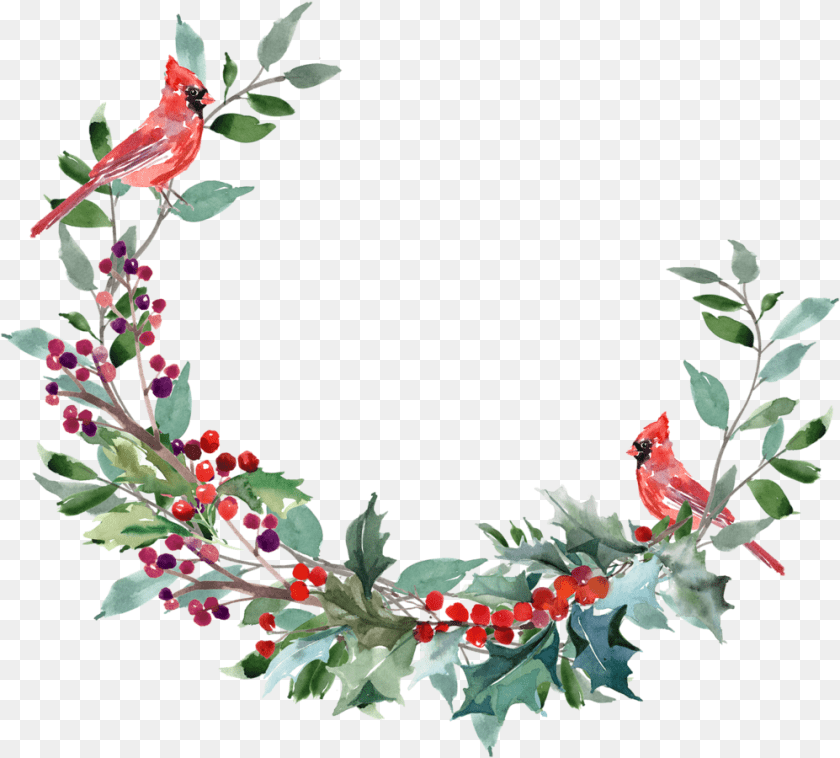 998x900 Watercolor Christmas Wreath Watercolour Christmas Wreath, Animal, Bird, Plant, Cardinal Transparent PNG