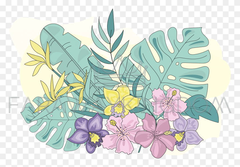 3506x2370 Tropic Flowers Summer Cruise Travel Vector Illustration Flowers Color Vector, Graphics, Floral Design HD PNG Download