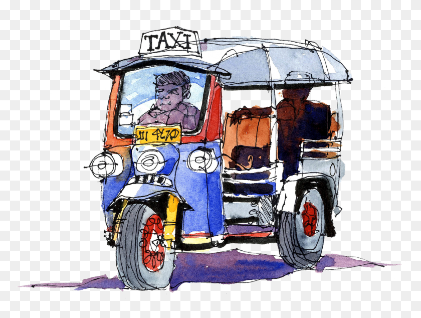 1476x1087 Tuktuk Thai Floating Market Bangkok Drawing, Vehicle, Transportation, Person HD PNG Download