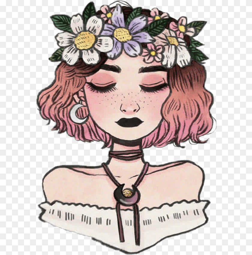 603x852 Tumblr Kawaii Pink Cute Aesthetic Flower Girl Drawing, Book, Comics, Publication, Baby Sticker PNG