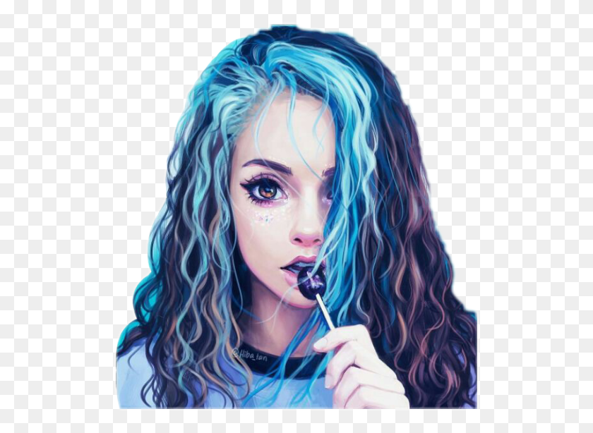 520x554 Tumblrgirl Tumblr Girl Art Blue Hair Bluehair Drawn Girl With Blue Hair, Face, Person, Human HD PNG Download