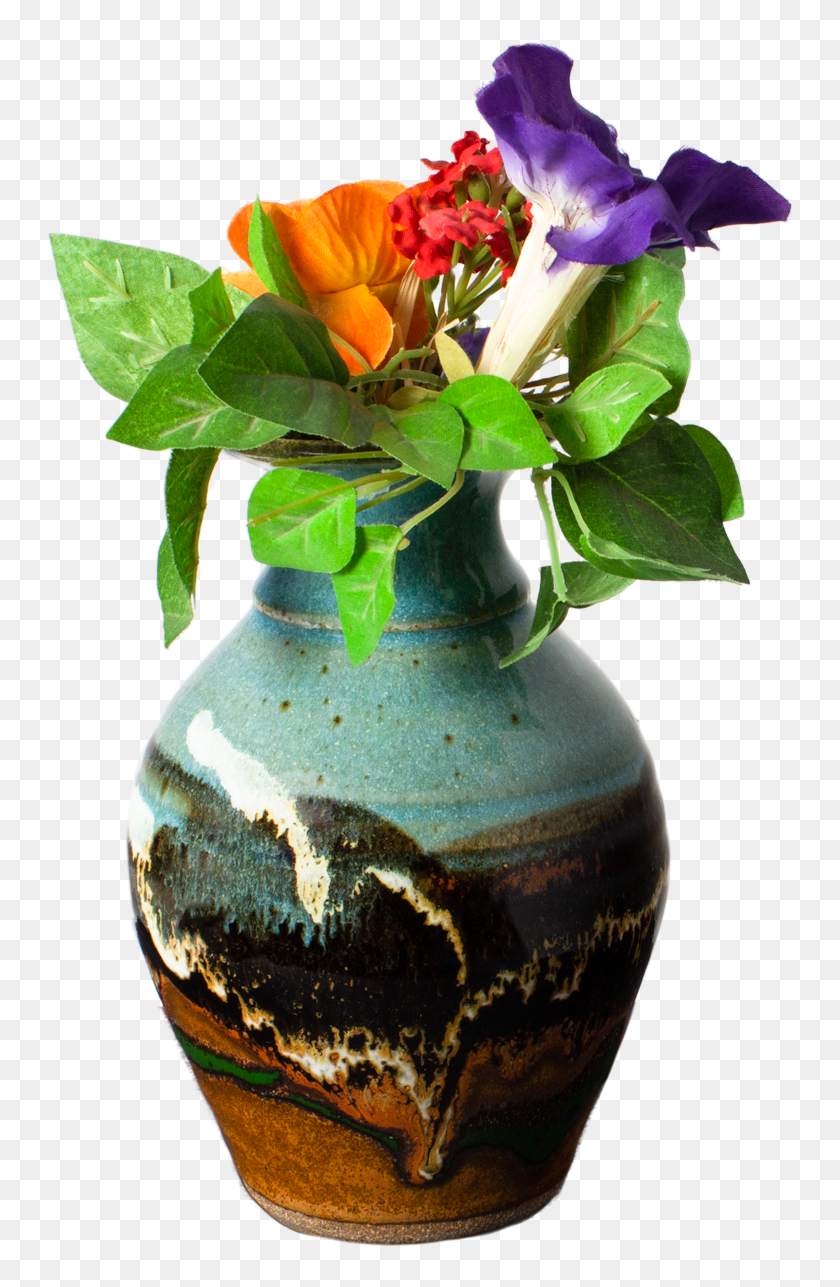 755x1227 Turquoise Brown Handmade Pottery Flared Vase With Flowers Vase, Plant, Pineapple, Fruit Descargar Hd Png