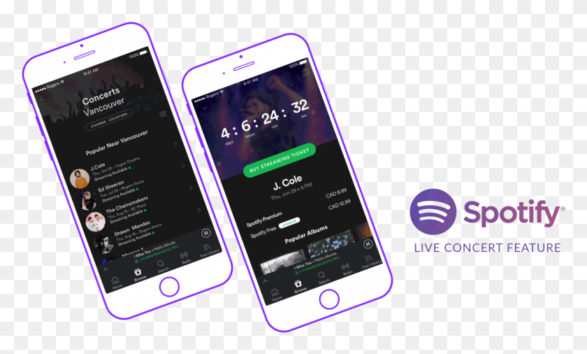 1197x685 Два Разноцветных Наклонных Iphone С Интерфейсами Spotify Spotify, Мобильный Телефон, Телефон, Электроника Png Скачать