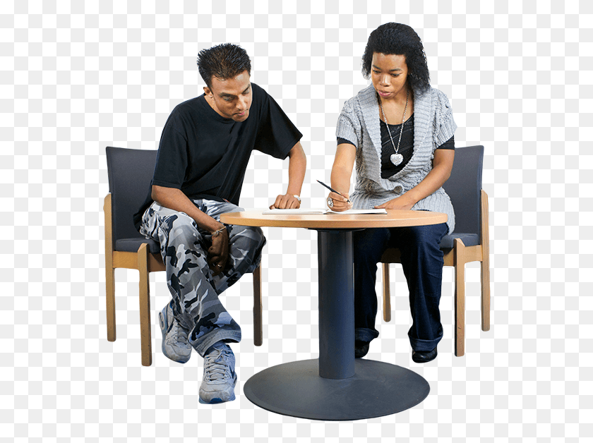 550x568 Two People Sitting At A Desk Going Through An Ndis Kitchen Amp Dining Room Table, Person, Clothing, Furniture HD PNG Download