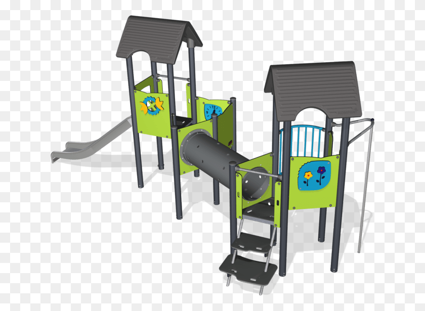 640x555 Two Towers With Tunnel Bridge Steel Posts St Playground Slide, Play Area, Outdoor Play Area HD PNG Download