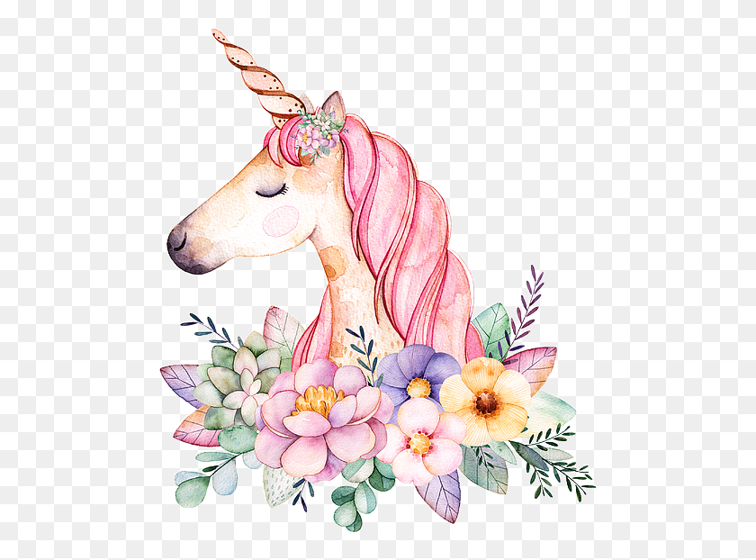 489x562 Descargar Png Unicornio Unicornio Fantasía Pegatina Flores Pintura Vintage Color De Agua Unicornio, Diseño Floral, Patrón, Gráficos Hd Png