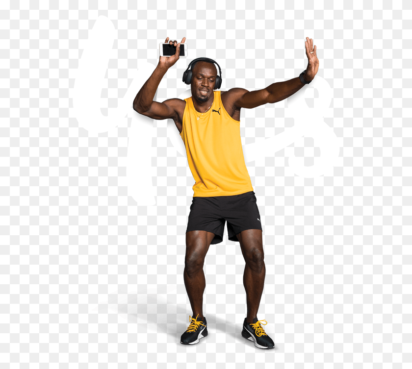 546x693 Usain Bolt Bailando Con Un Teléfono Inteligente Optus Usain Bolt, Persona, Ropa, Pantalones Cortos Hd Png