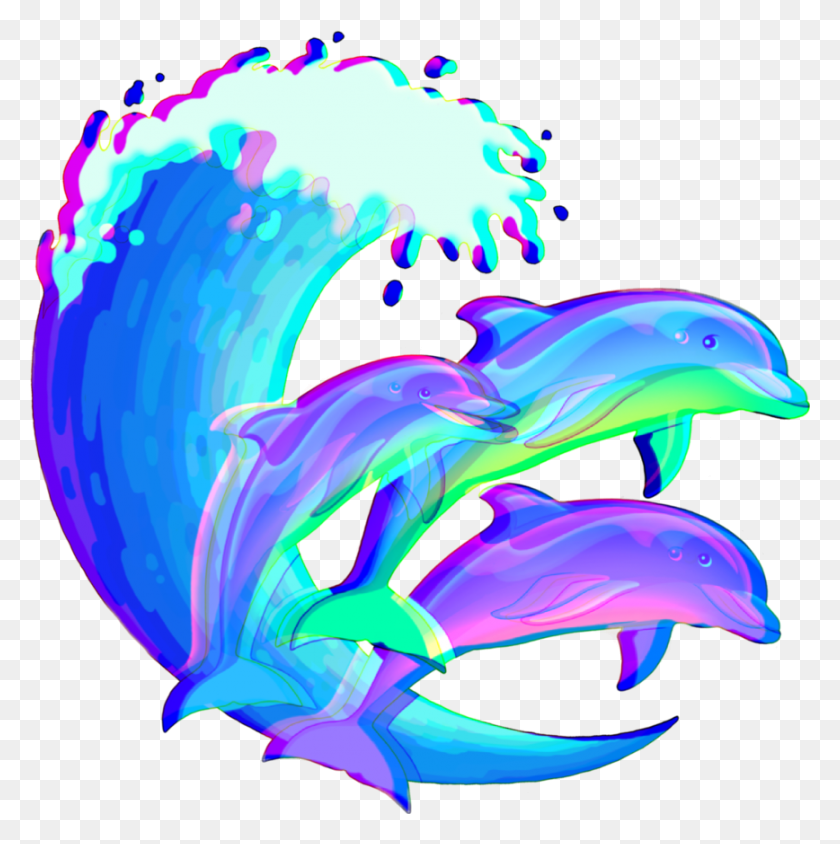 868x873 Vaporwave Dolphins Dolphin Family Art, Graphics, Bird Hd Png